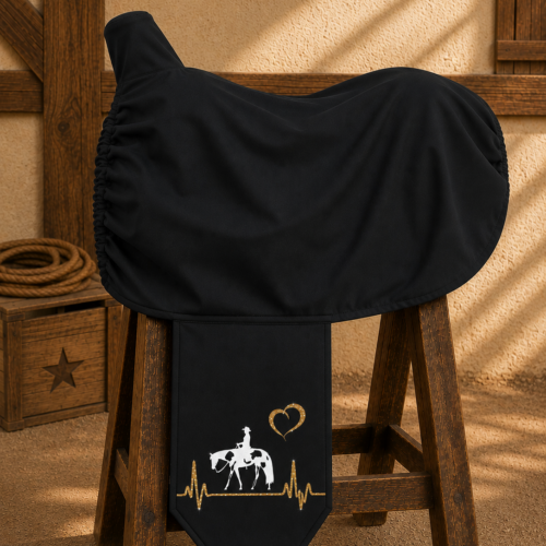 GLITZER<br>SATTELSCHONER SCHWARZ "WESTERN" <br> HERZSCHLAG WUNSCHPFERD<br>PERSONALISIERT