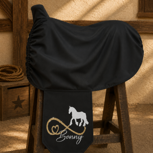 GLITZER<br>SATTELSCHONER SCHWARZ "WESTERN" <br> INFINITY HEART HORSE <br>PERSONALISIERT