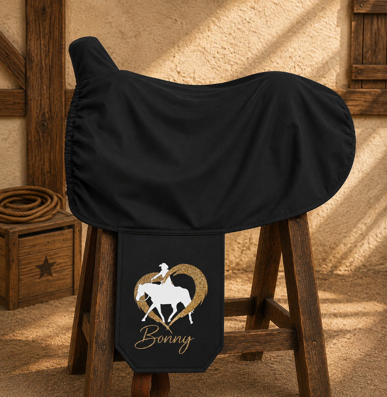 GLITZER<br>SATTELSCHONER SCHWARZ "WESTERN" <br> WUNSCHPFERD IM HERZ<br>PERSONALISIERT