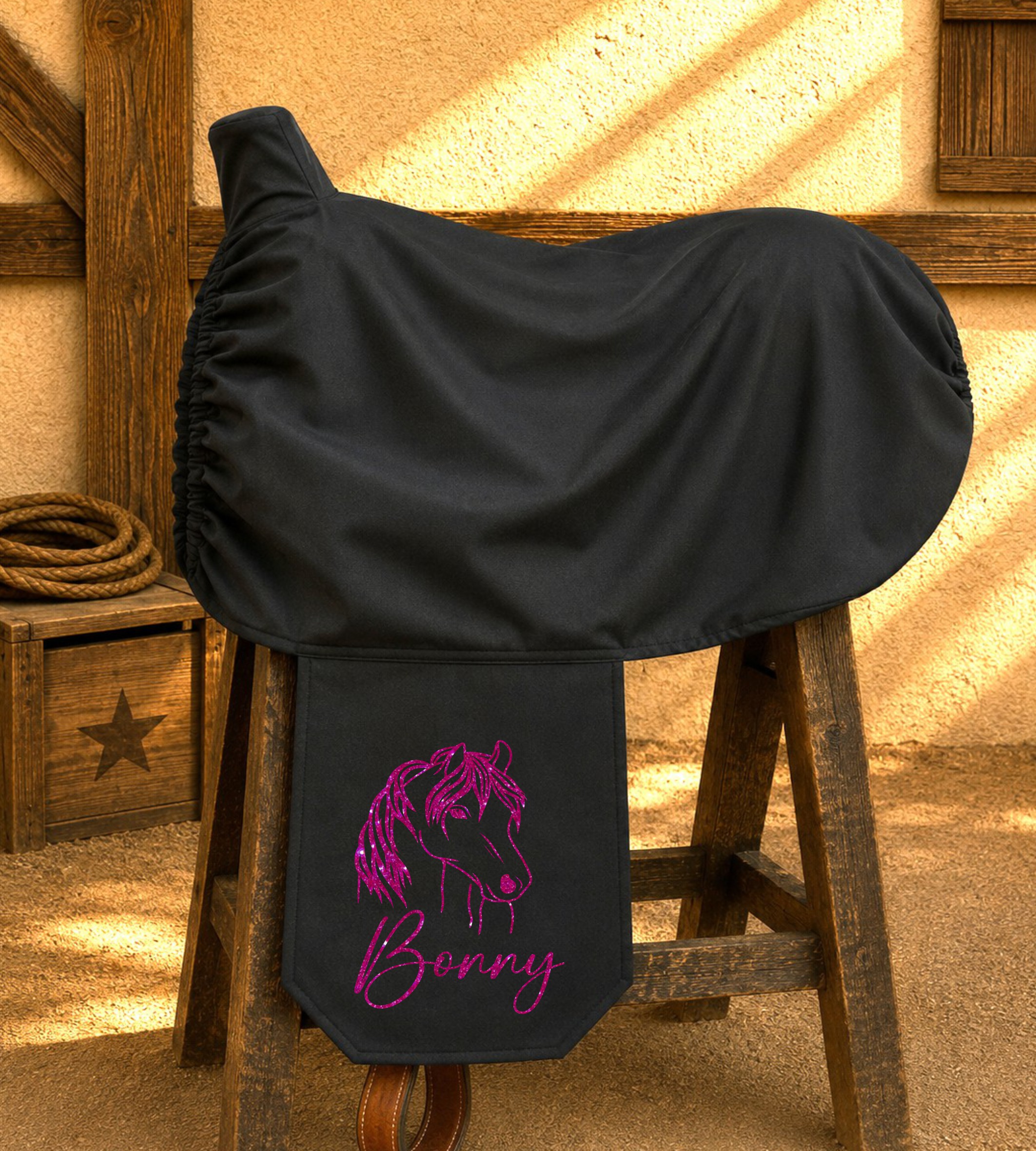 GLITZER<br>SATTELSCHONER SCHWARZ "WESTERN" <br> HORSEHEAD<br>PERSONALISIERT