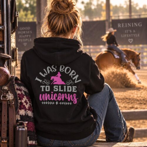 HOODIE - GLITZER <BR> „BORN TO SLIDE UNICORNS" <br> PERSONALISIERBAR