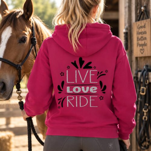 HOODIE - GLITZER <BR> „LIVE- LOVE - RIDE" <br> PERSONALISIERBAR