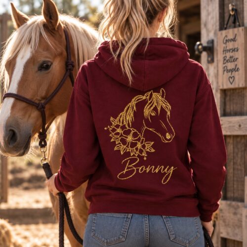 HOODIE - GLITZER <BR> „HORSEHEAD FLOWER" <br> PERSONALISIERBAR