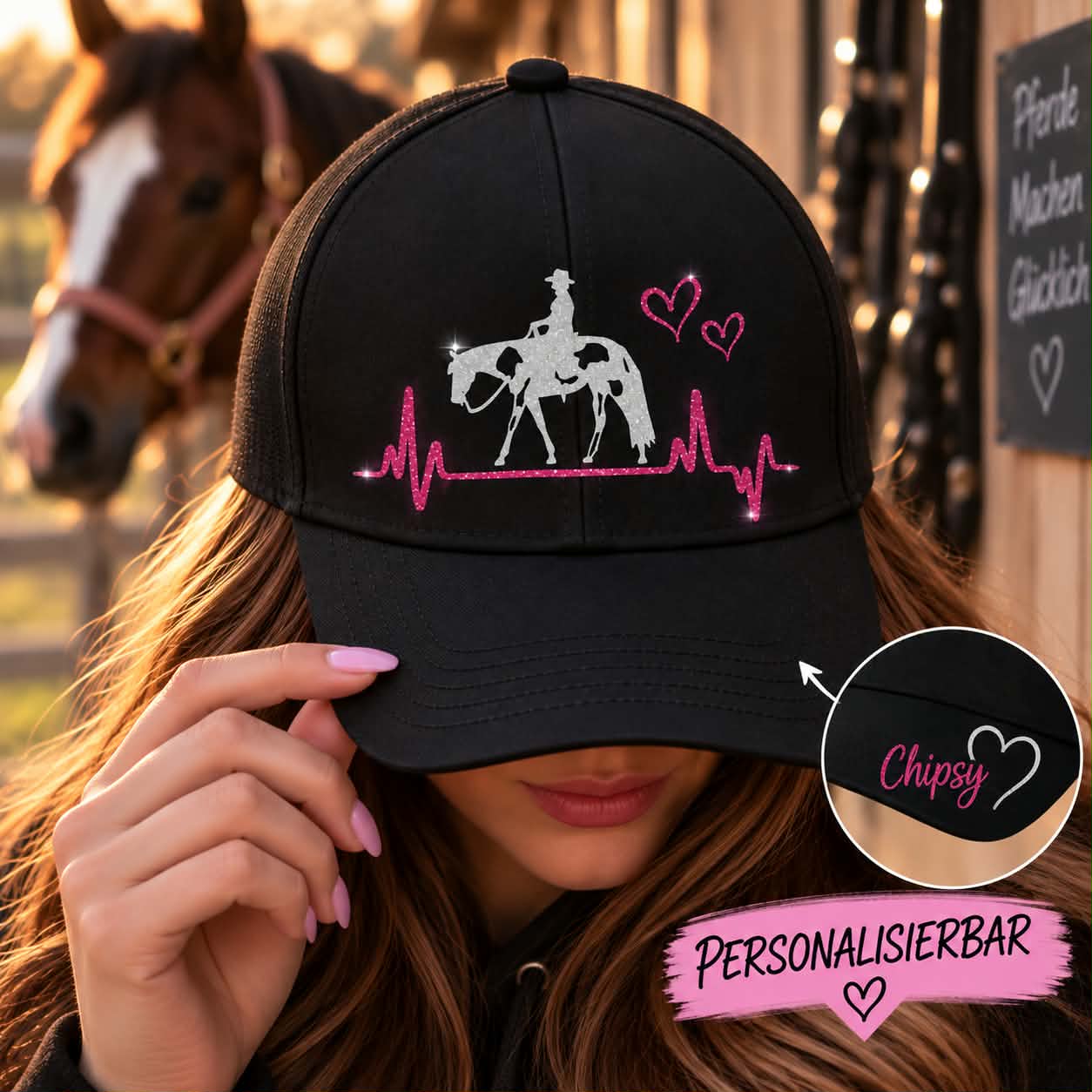 BASECAP GLITZER <br> "WUNSCHPFERD HERZSCHLAG" <br> PERSONALISIERBAR