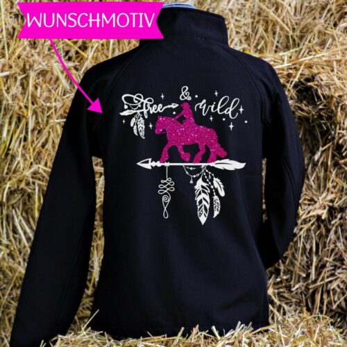 Softshell Jacke GLITZER <br>"Wunschpferd Free & Wild" <br> PERSONALISIERBAR