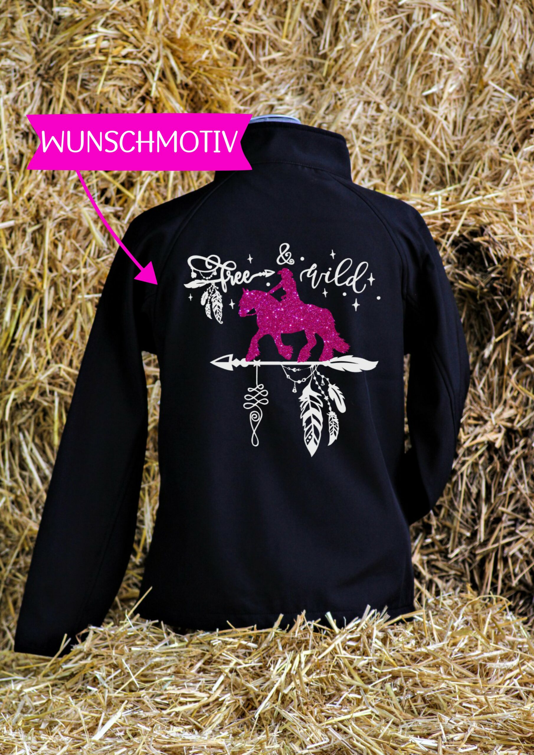 Softshell Jacke GLITZER <br>"Wunschpferd Free & Wild" <br> PERSONALISIERBAR