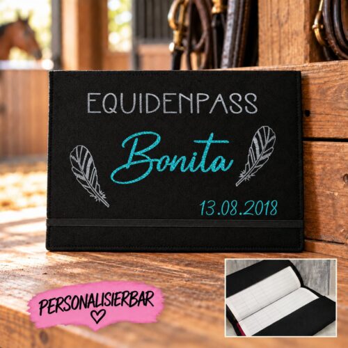 EQUIDENPASS HÜLLE GLITZER<br> "FEDERN" <br>PERSONALISIERT NEU